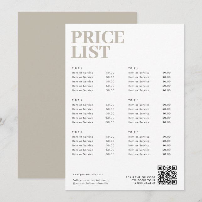 Modern Boho Beauty Price List Menu Small Business (Front/Back)