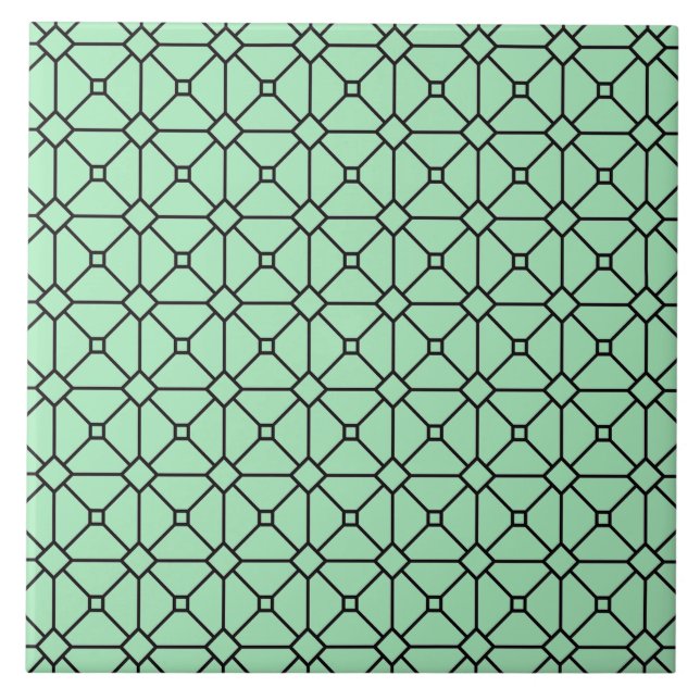 Modern Boho Black and Green Pattern Rhombus Tile (Front)