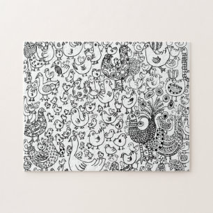 Modern Boho Black and White Bird Pattern Jigsaw Puzzle