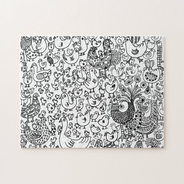 Modern Boho Black and White Bird Pattern Jigsaw Puzzle (Horizontal)
