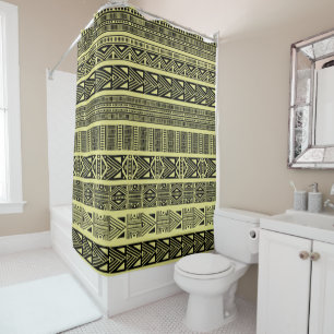 Modern Boho Black and Yellow Pattern Strips Shower Curtain