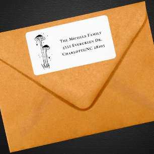 Modern Boho Black & White Retro Mushrooms Address Label