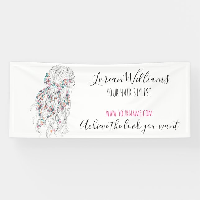 Modern Boho Black White Wavy Hair Style Floral  Banner (Horizontal)