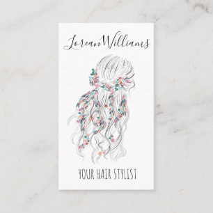 Modern Boho Black White Wavy Hair Style Floral Business Card