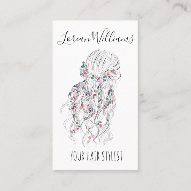 Modern Boho Black White Wavy Hair Style Floral  Business Card (Front)