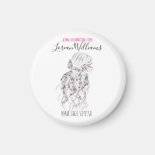 Modern Boho Black White Wavy Hair Style Floral Magnet