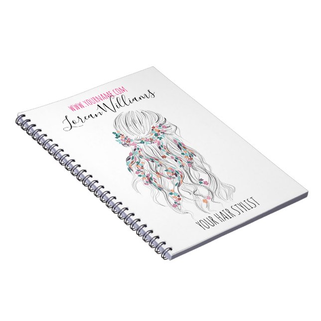 Modern Boho Black White Wavy Hair Style Floral  Notebook (Right Side)