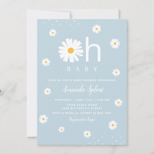 Modern Boho Blue Daisy Floral Baby Girl Shower  In Invitation (Front)