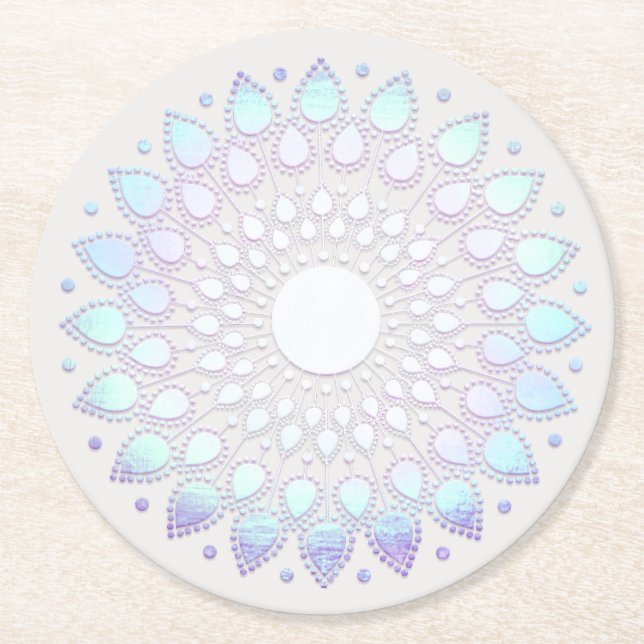 Modern Boho Blue Floral  Lotus Mandala Round Paper Coaster (Front)