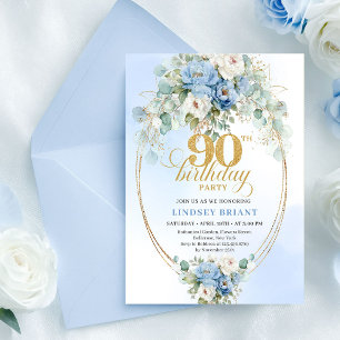 Modern Boho Blue Peony Gold 90th Birthday Invite