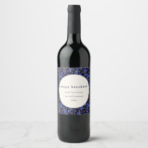 Modern Boho Blue Yellow Hanukkah Botanical Custom Wine Label