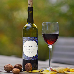 Modern Boho Blue Yellow Hanukkah Botanical Custom Wine Label
