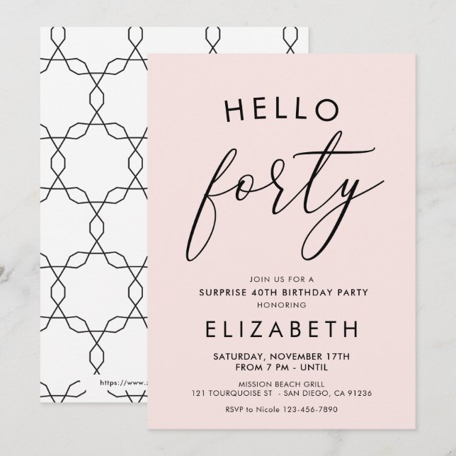 Modern Boho Blush 40th Birthday Hello forty Invitation (Front/Back)