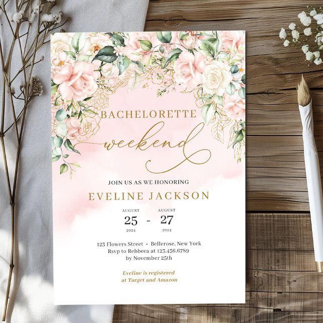 Modern Boho blush floral gold glitter bachelorette Invitation (Elegant blush pink roses eucalyptus gold sparkles bachelorette weekend invitation template)