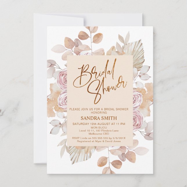 Modern Boho Blush Frame Floral Bridal Shower Invitation (Front)