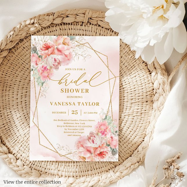 Modern Boho Blush Gold Glitter Frame Bridal Shower Invitation (Modern Boho Blush Gold Glitter Frame Bridal Shower Invite)