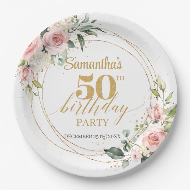 Modern Boho blush pink floral gold 50th birthday Paper Plate (Front)