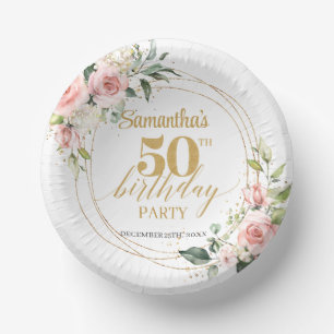 Modern Boho blush pink floral gold 50th birthday Paper Plate