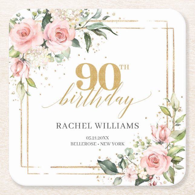 Modern Boho blush pink floral gold 90th birthday  Square Paper Coaster (Front)