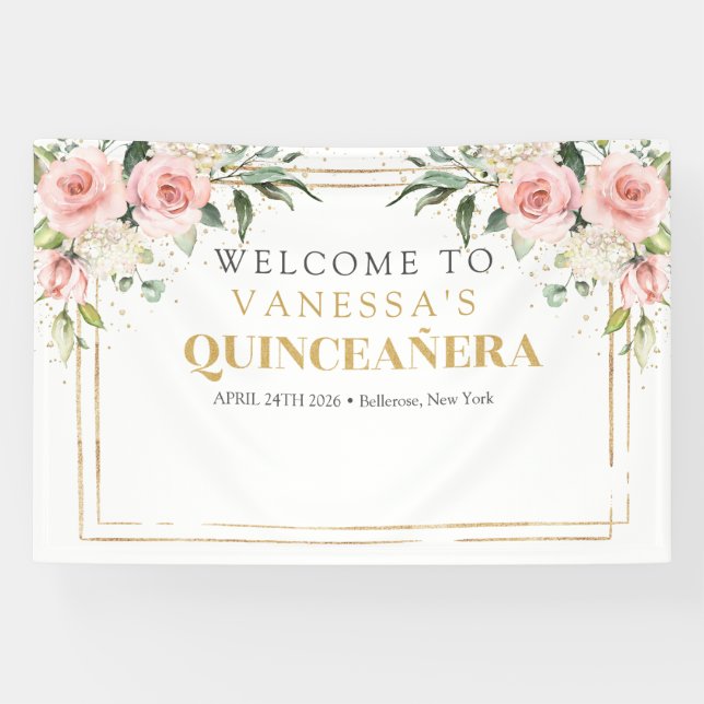 Modern Boho blush pink floral gold Quinceañera Banner (Horizontal)