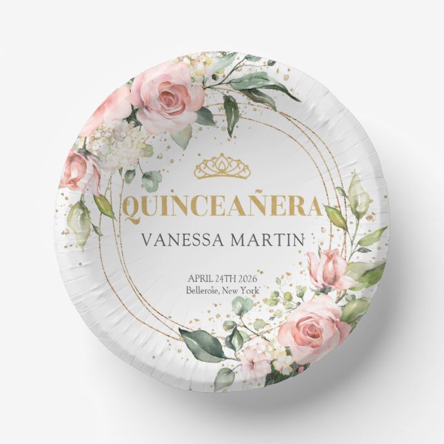 Modern Boho blush pink floral gold Quinceañera Paper Plate (Front)