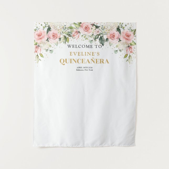 Modern Boho blush pink floral gold Quinceanera Tapestry (Front)