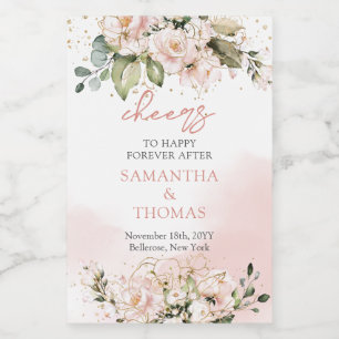 Modern Boho blush pink floral gold sparkles Wine Label