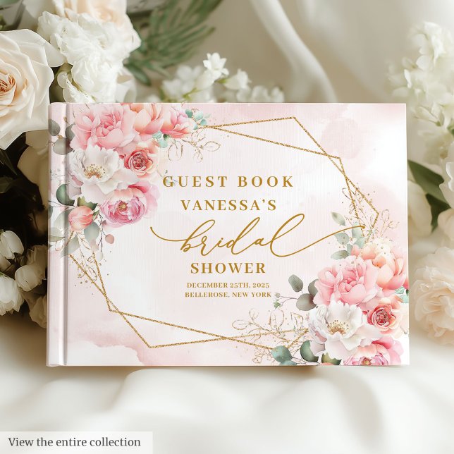 Modern Boho Blush Pink Gold Floral Bridal Shower  Guest Book (Modern Boho Blush Pink Gold Floral Bridal Shower Guest Book)