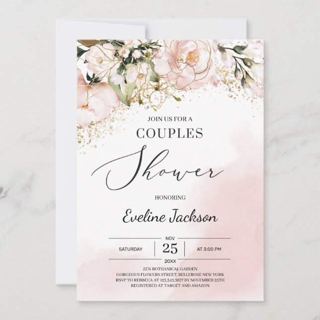 Modern boho blush pink gold floral couples shower invitation (Front)
