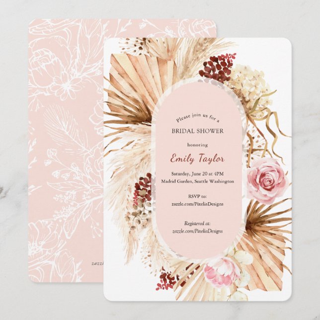 Modern Boho Blush Pink Pampas Grass Floral Bridal  Invitation (Front/Back)