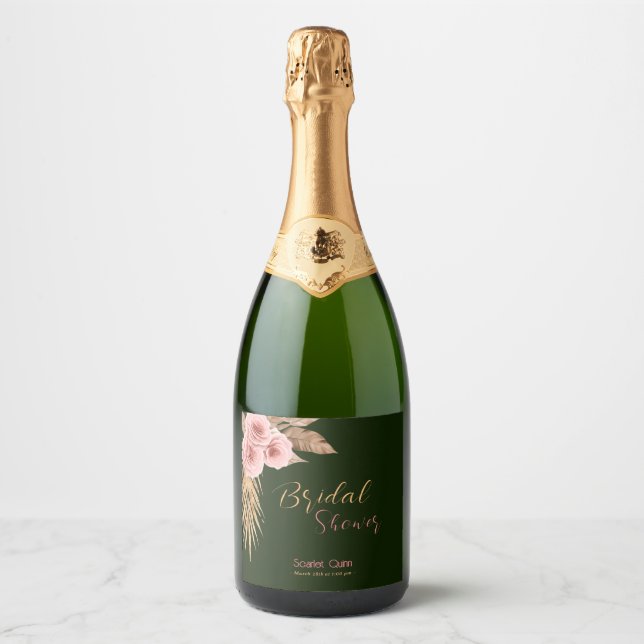 Modern boho blush pink rose bunch bridal shower #2 sparkling wine label (Front)