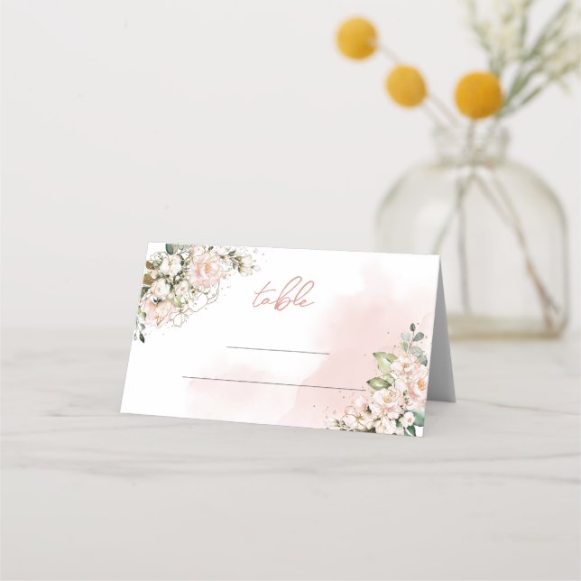 Modern Boho blush pink roses floral gold sparkles Place Card (Front)