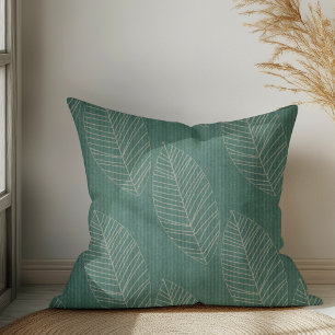 Modern Boho Botanical Leaves On Dark Green Fabric Cushion