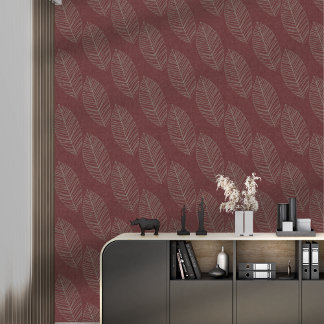 Modern Boho Botanical Leaves On Deep Red Fabric Wallpaper
