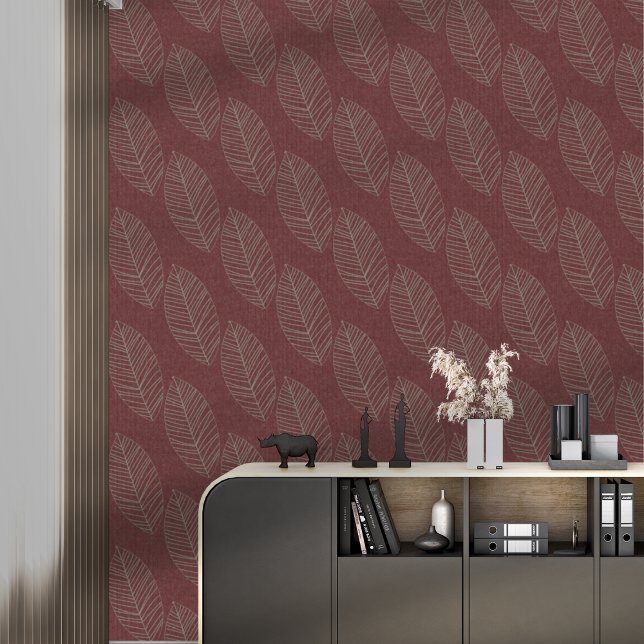 Modern Boho Botanical Leaves On Deep Red Fabric  Wallpaper (Creator Uploaded)