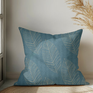 Modern Boho Botanical Leaves On Ocean Blue Fabric  Cushion