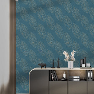 Modern Boho Botanical Leaves On Ocean Blue Fabric Wallpaper