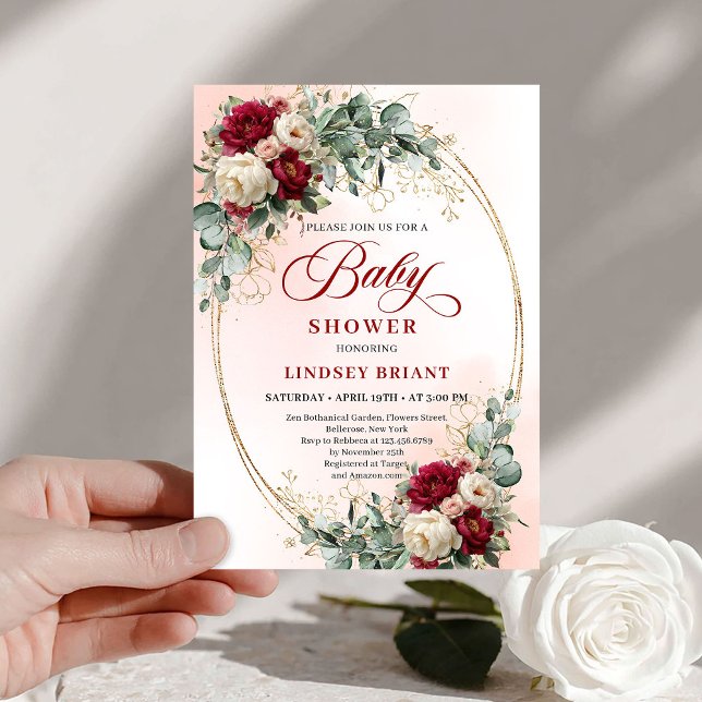 Modern Boho Burgundy and Gold Baby Shower Invite (Modern Boho Burgundy and Gold Baby Shower Invite)