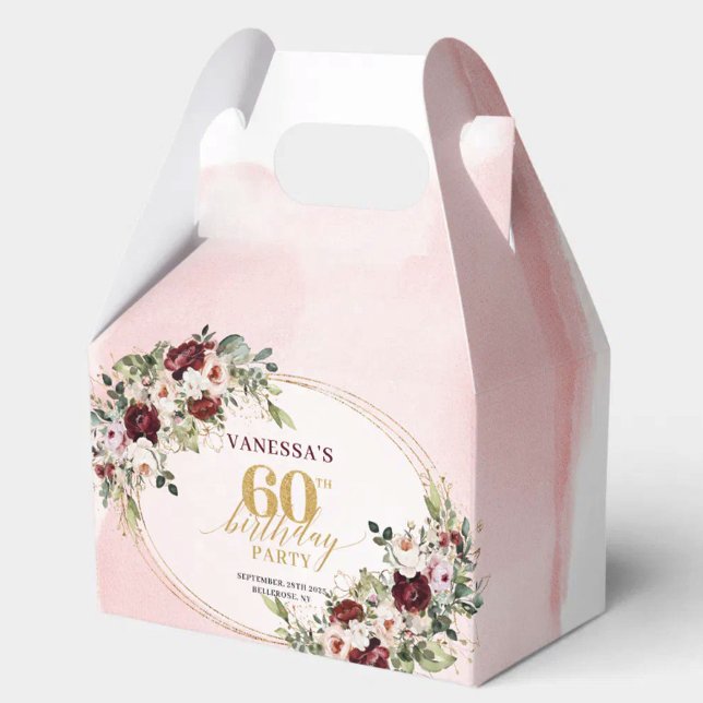 Modern Boho Burgundy Floral 60th Birthday Gift Box (Burgundy Gold Rose 60th Birthday Treat Box)