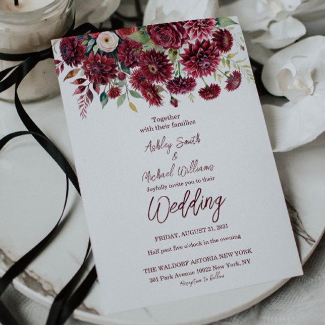 Modern Boho Burgundy Formal Floral Wedding Invitation (Creator Uploaded)