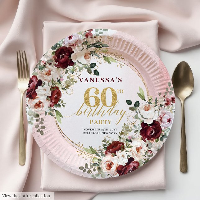 Modern Boho Burgundy Gold Floral 60th Birthday  Paper Plate (Modern Boho Burgundy Gold Floral 60th Birthday Plates)