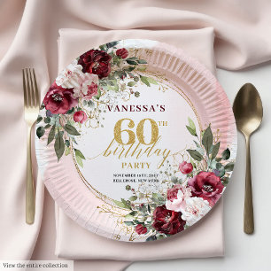 Modern Boho Burgundy Greenery Gold 60th Birthday  Paper Plate