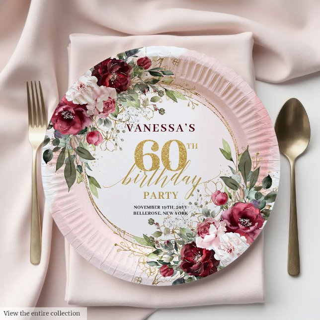 Modern Boho Burgundy Greenery Gold 60th Birthday  Paper Plate (Modern Boho Burgundy Greenery Gold 60th Birthday Plates)