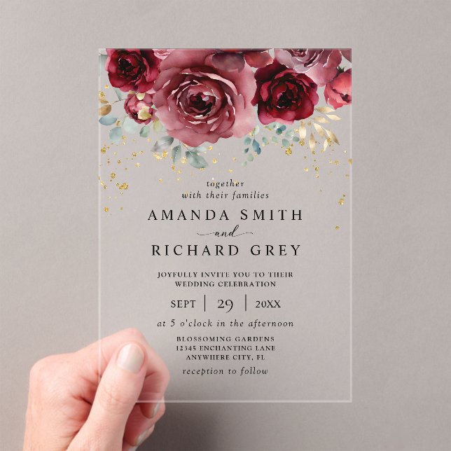 Modern Boho Burgundy Red and Gold Floral Wedding Acrylic Invitations (Insitu (Handheld))