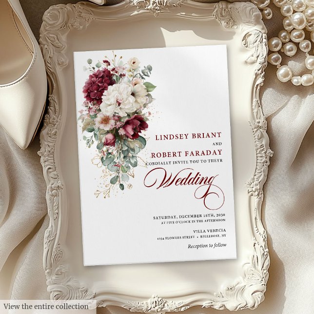 Modern Boho Burgundy White Rose Wedding Invitation (Modern Boho Burgundy White Rose Wedding Invitation)