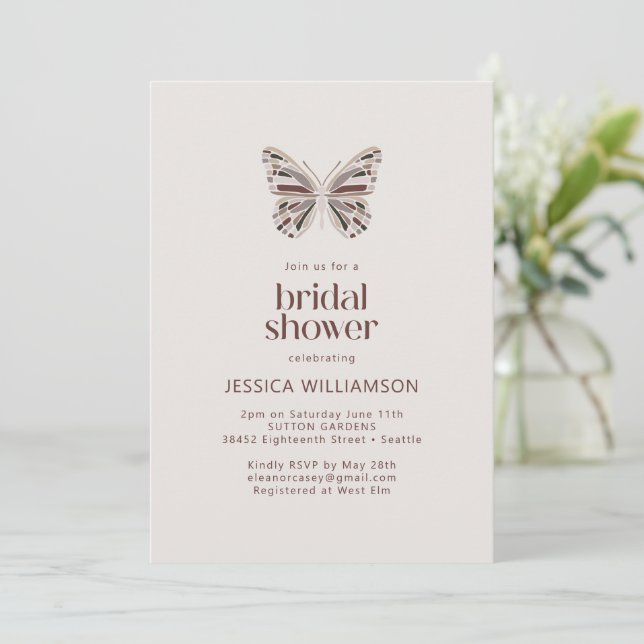 Modern Boho Butterfly Burgundy Taupe Bridal Shower Invitation (Standing Front)