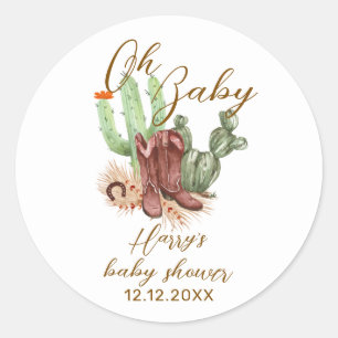 Modern Boho Cactus Cowboy Shoes Baby Shower  Classic Round Sticker