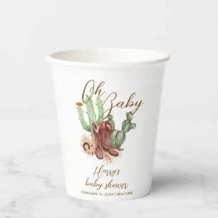 Modern Boho Cactus Cowboy Shoes Baby Shower Paper Cups