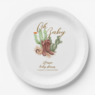 Modern Boho Cactus Cowboy Shoes Baby Shower Paper Plate