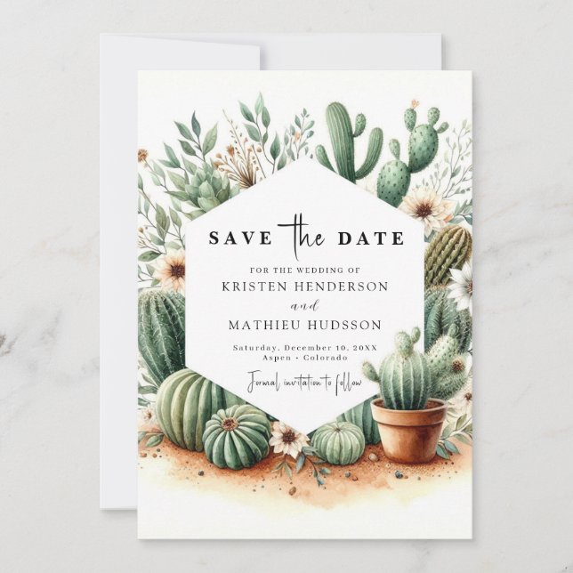 Modern Boho Cactus Wedding Save The Date (Front)